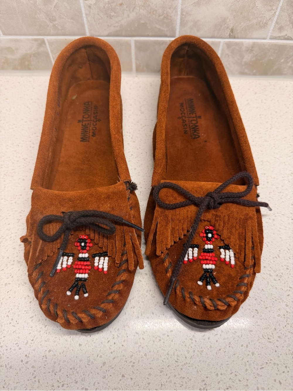Minnetonka Brown Suede Beaded Moccasin Flats - Picture 3 of 7